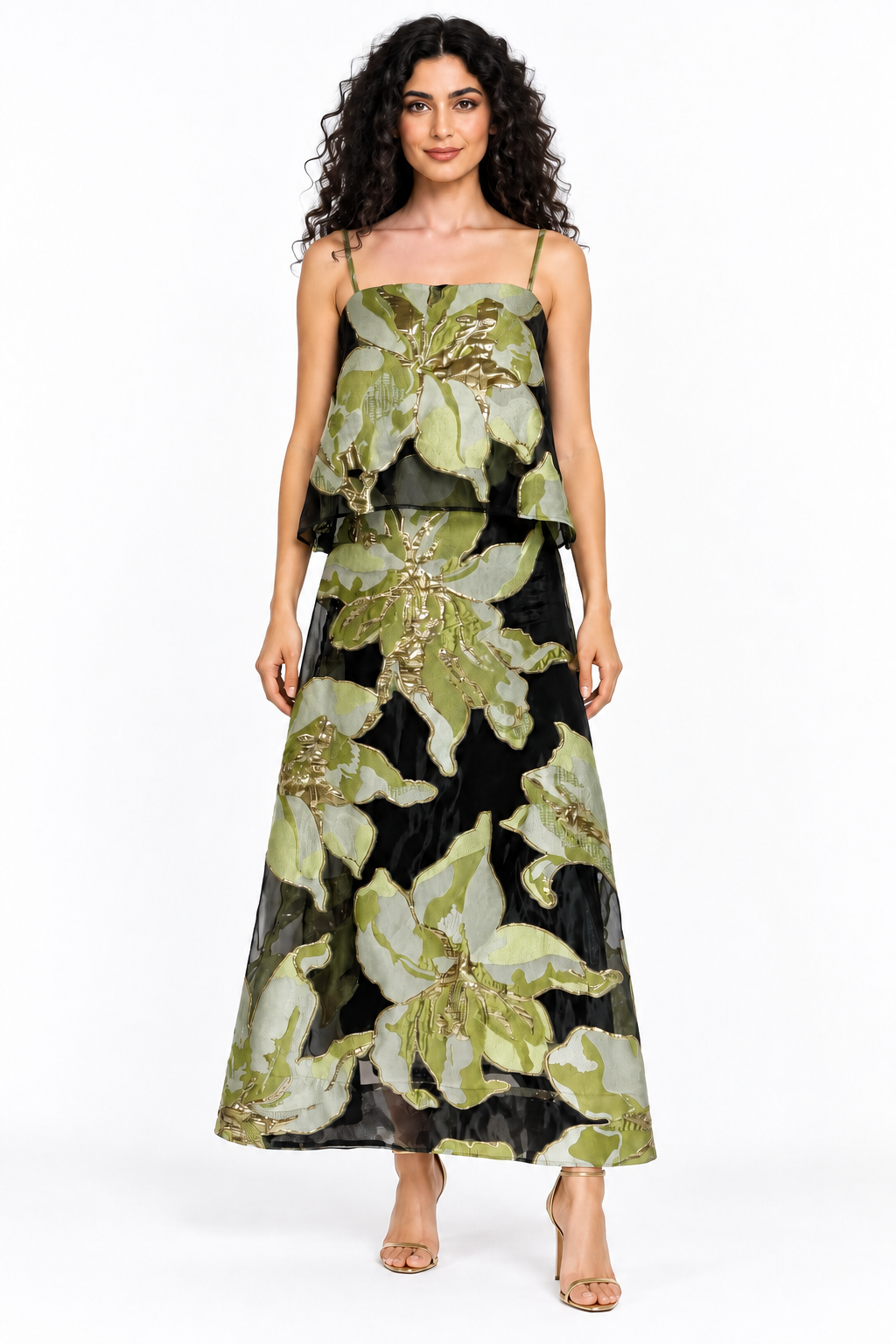 Floral Jacquard Layered Midi Dress - Viridelle