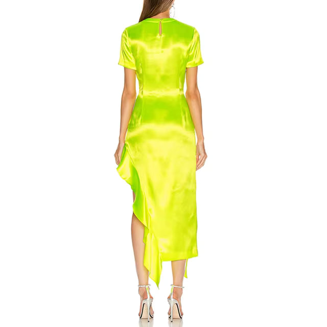 Short-sleeve satin midi dress with asymmetric ruffle hem – LIMEA