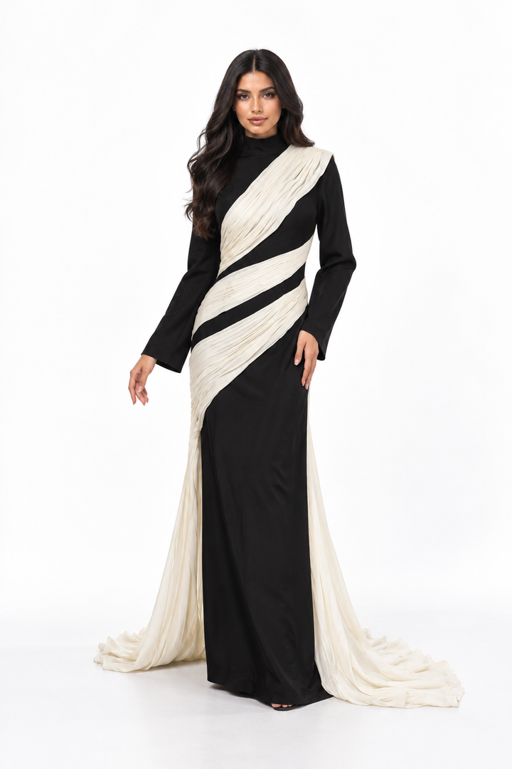 Contrast Draped Column Gown - Monochrome