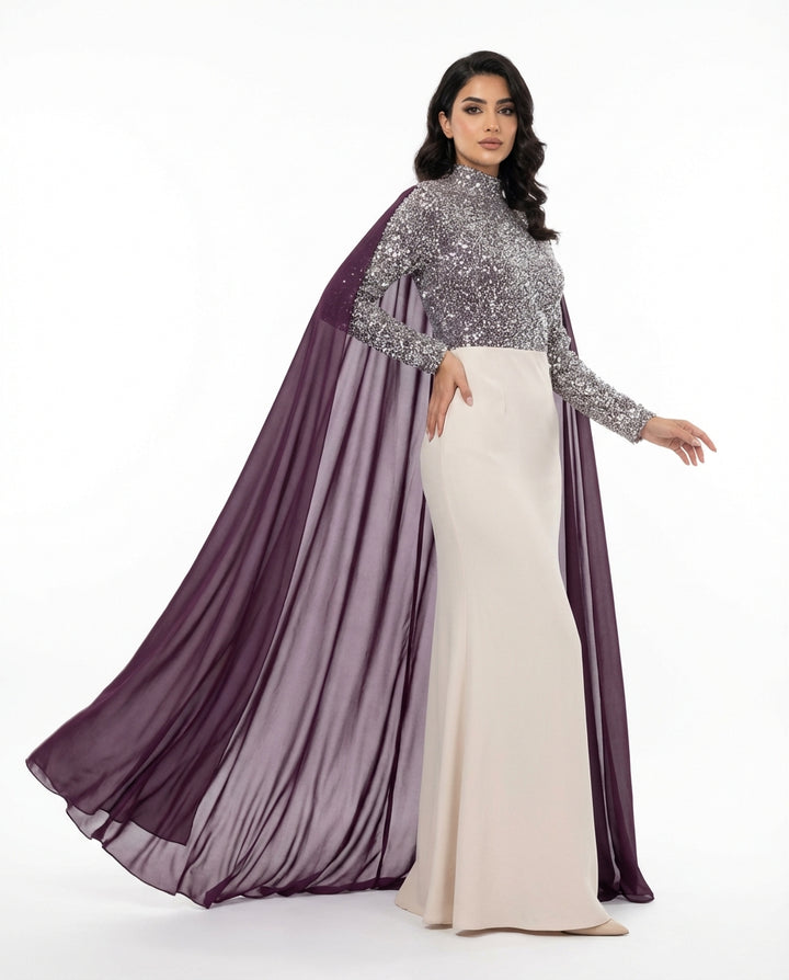 embellished high-neck maxi dress with flowing chiffon cape – ODD- ASHREF