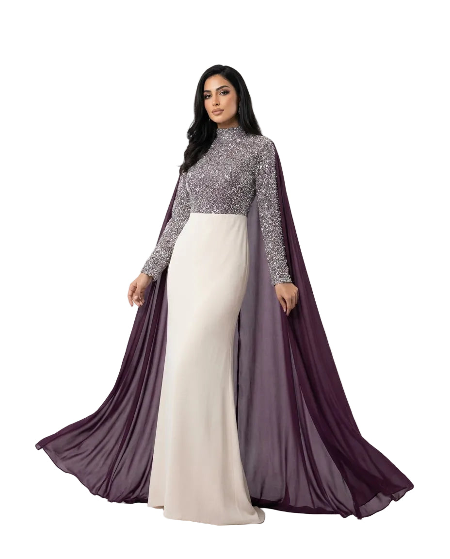embellished high-neck maxi dress with flowing chiffon cape – ODD- ASHREF