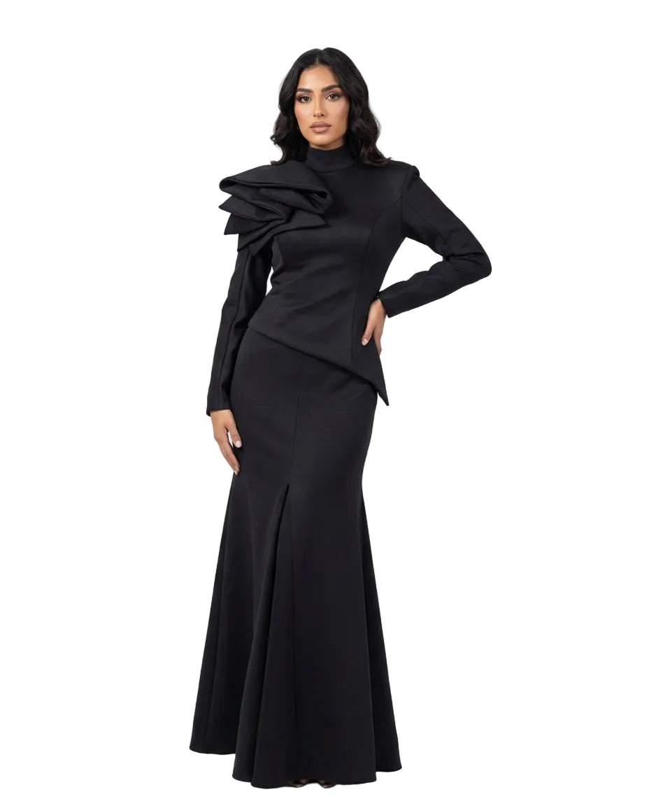 asymmetric structured peplum maxi dress with sculpted shoulder detail – ODD- ECLIPSE