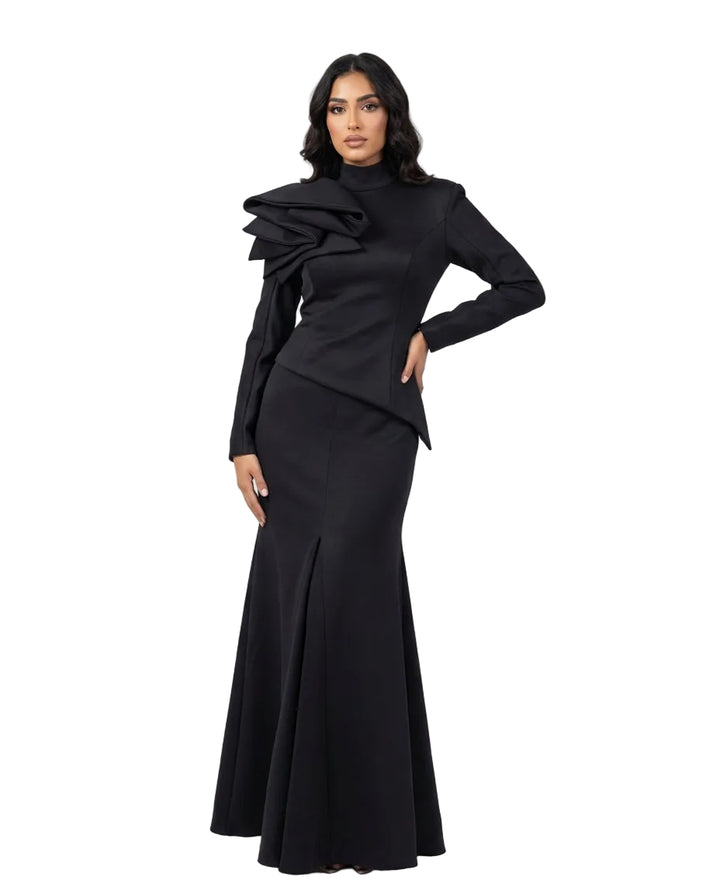asymmetric structured peplum maxi dress with sculpted shoulder detail – ODD- ECLIPSE