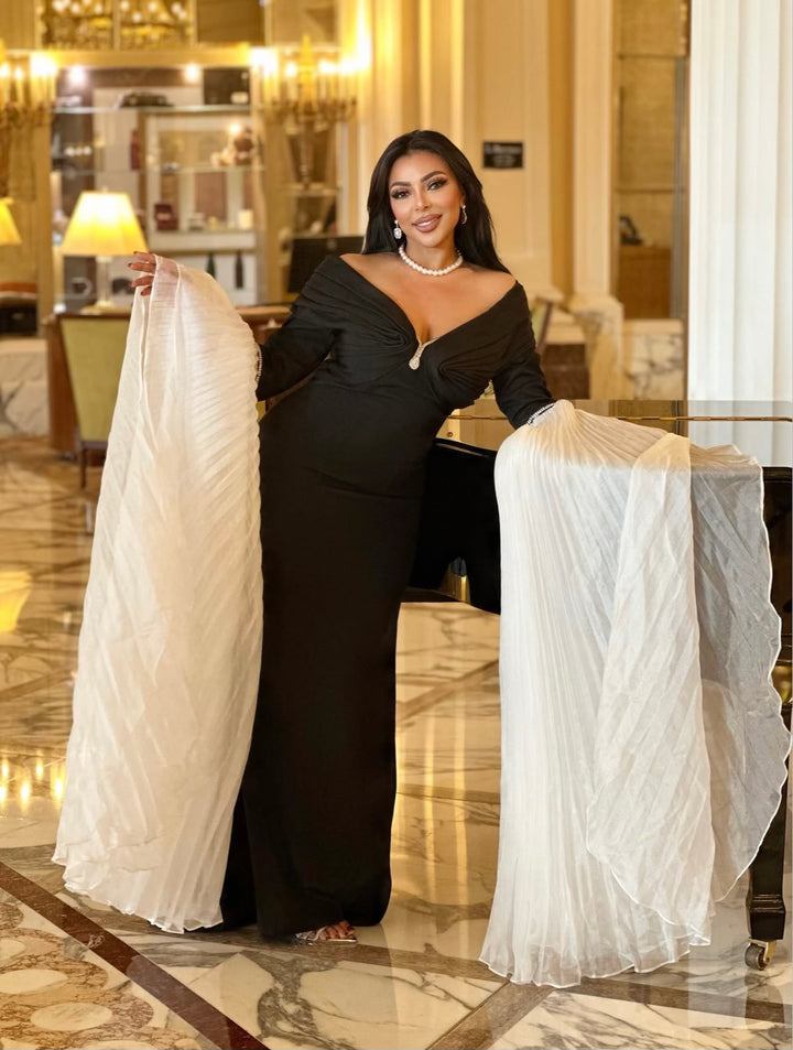 فستان حورية البحر مكشوف الكتفين بأكمام مطوية مثيرة – شيري