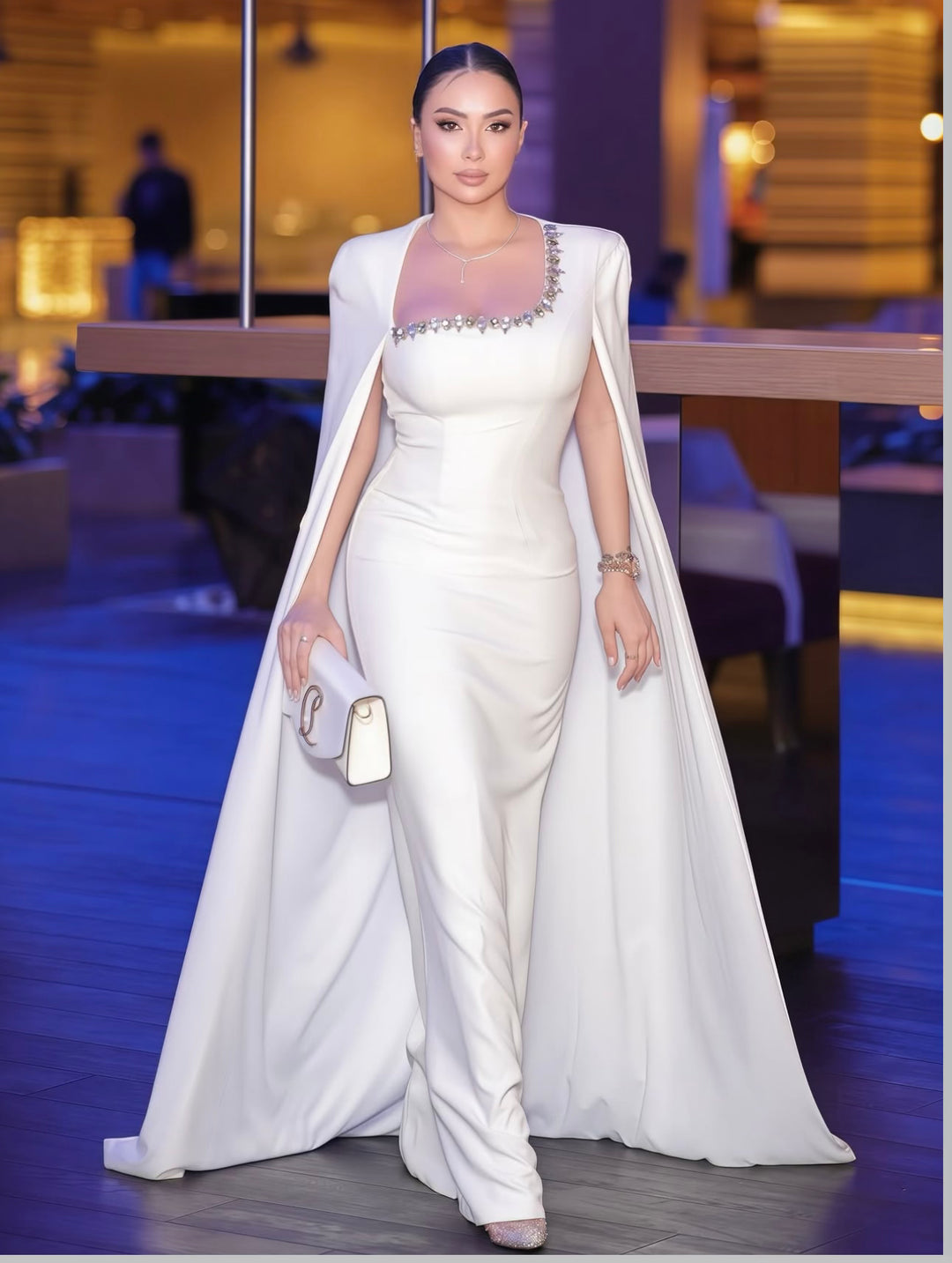 Embellished column dress with floor-length cape - Margaret