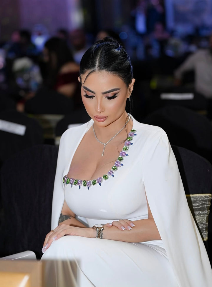 Embellished column dress with floor-length cape - Margaret