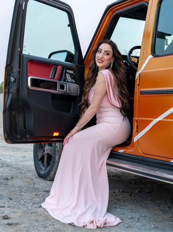 strapless column gown with scarf neckline – BLOSIA