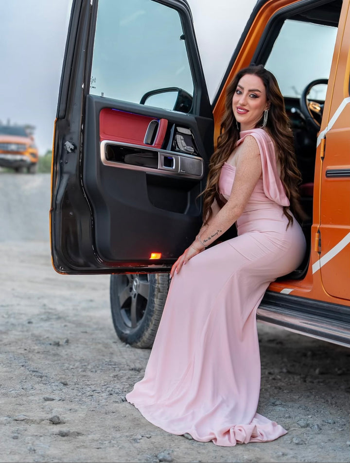 strapless column gown with scarf neckline – BLOSIA