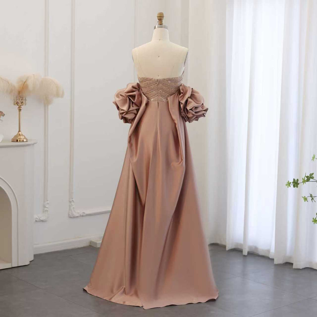 strapless beaded column gown with ruffled sleeves – AURORA