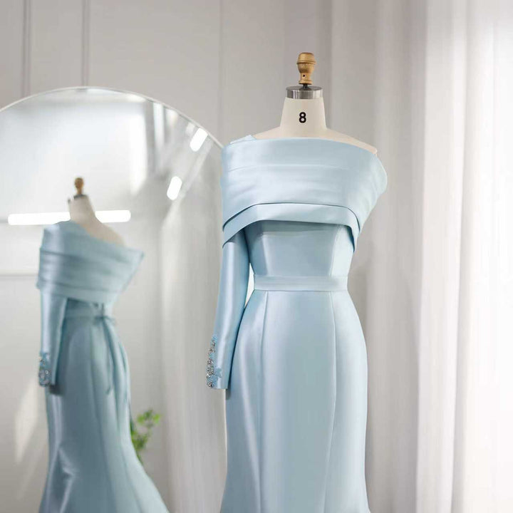 off-shoulder satin mermaid gown with draped cape – ARIA