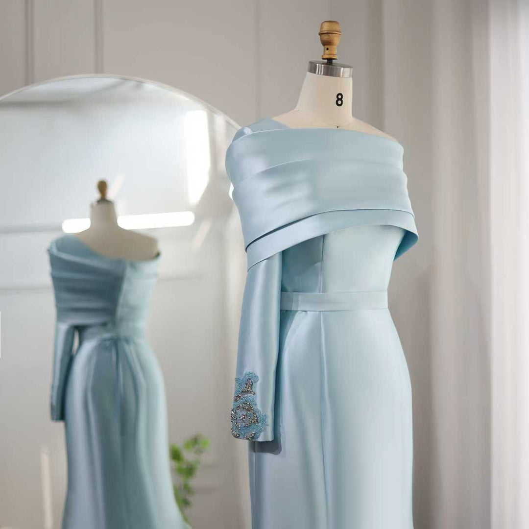 off-shoulder satin mermaid gown with draped cape – ARIA