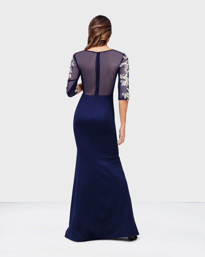 Blue Floor-Length Dress with see-through sequined top