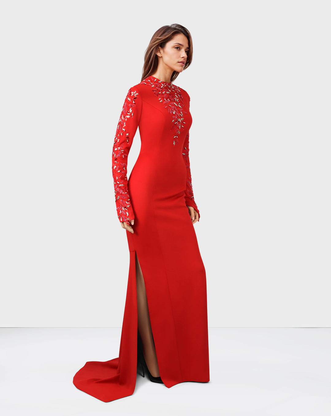 Beaded long-sleeve dress, with side slits and train