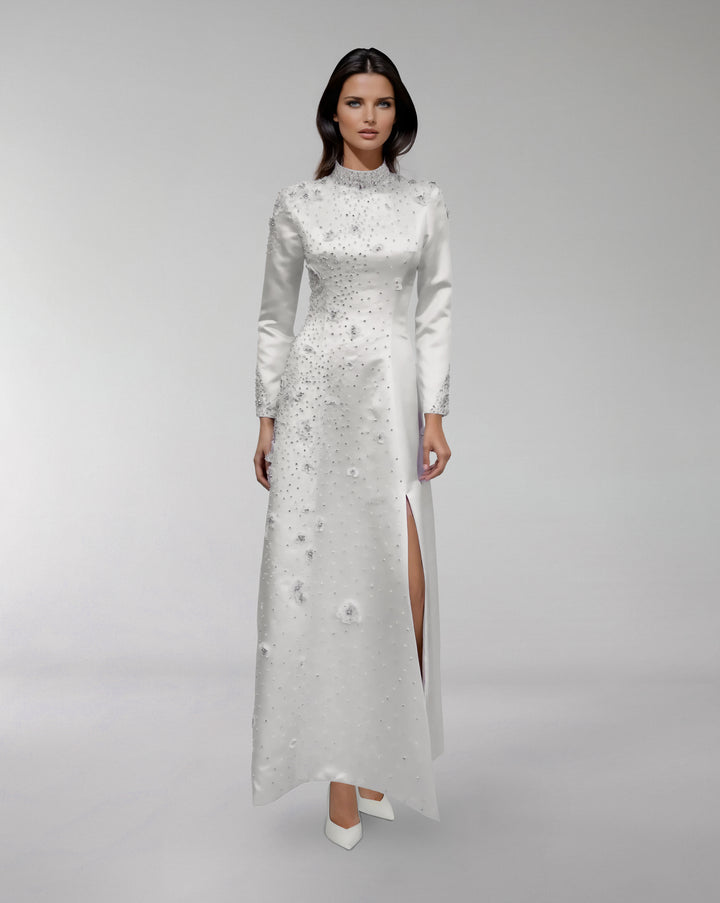 high-neck satin gown with crystal embellishments – ELYANA