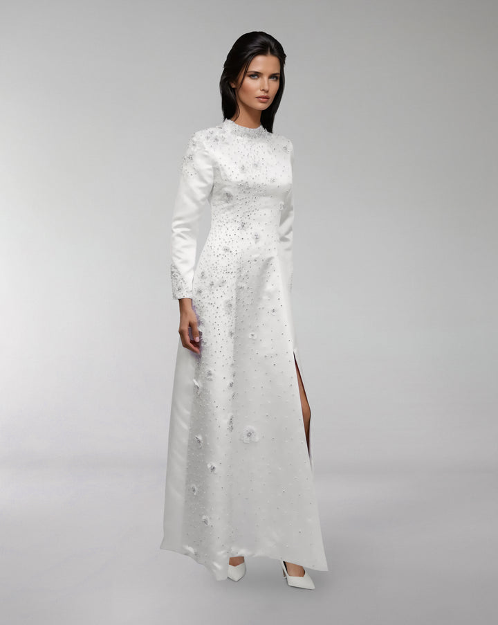 high-neck satin gown with crystal embellishments – ELYANA