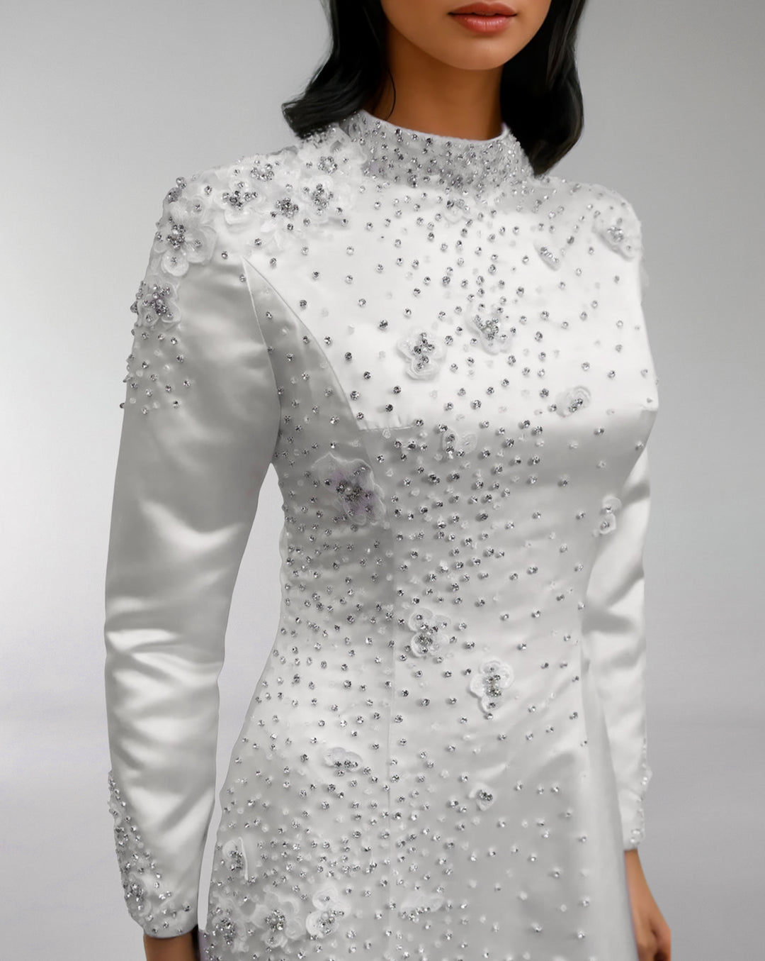 high-neck satin gown with crystal embellishments – ELYANA