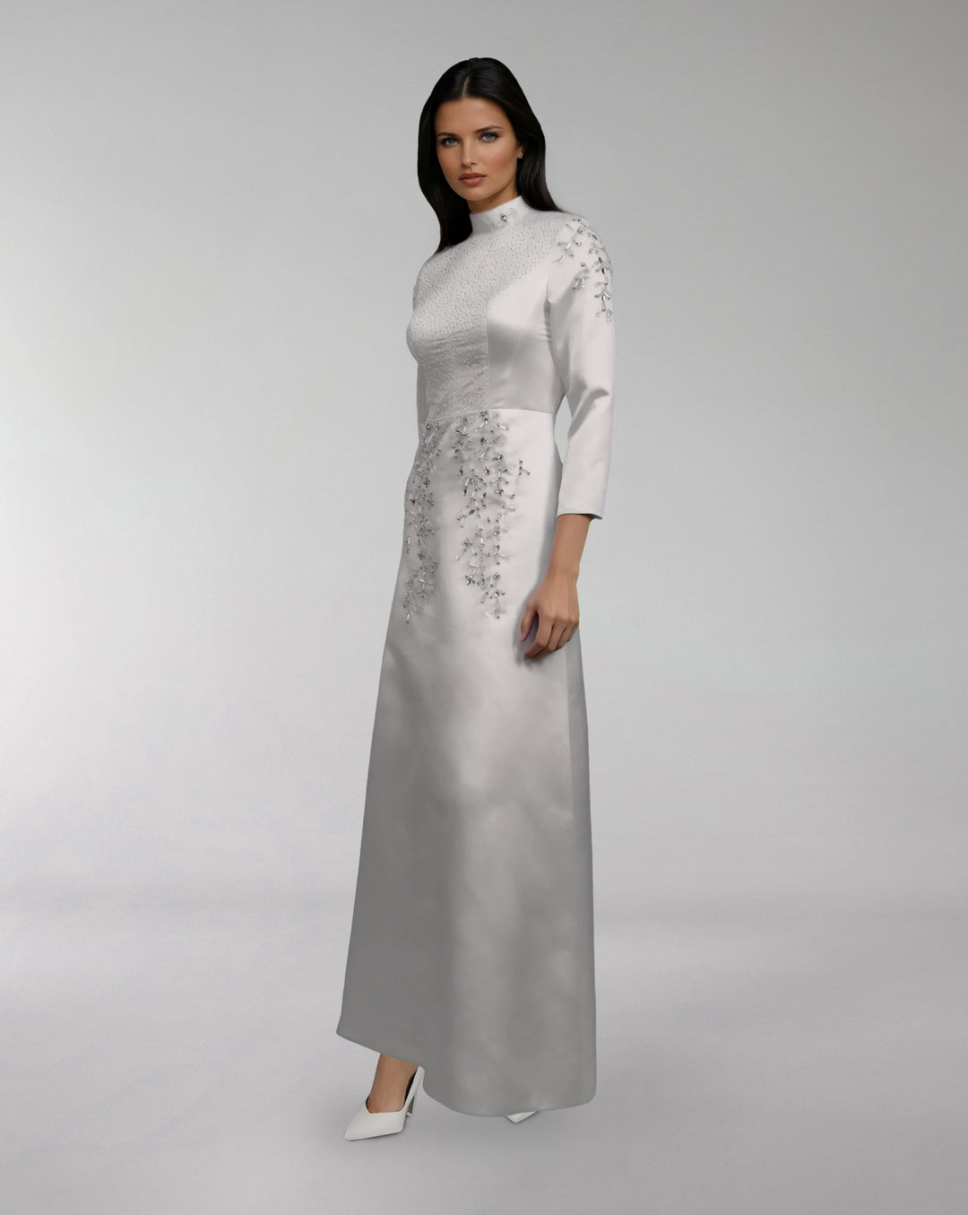 high-neck satin gown with floral embroidery – CRESSIDA