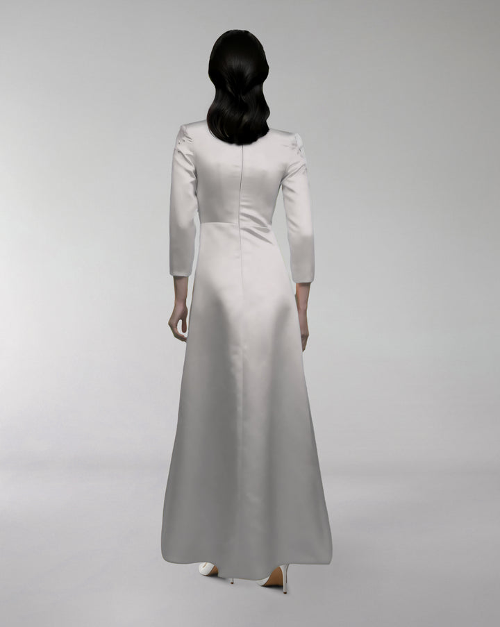 high-neck satin gown with floral embroidery – CRESSIDA