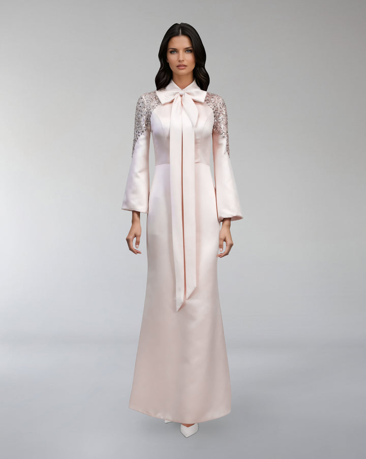 satin gown with sequin sleeves and bow neckline – AMELISE