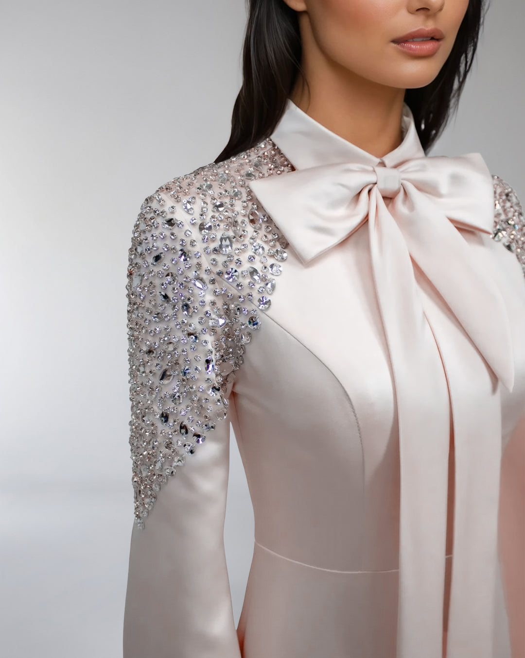 satin gown with sequin sleeves and bow neckline – AMELISE