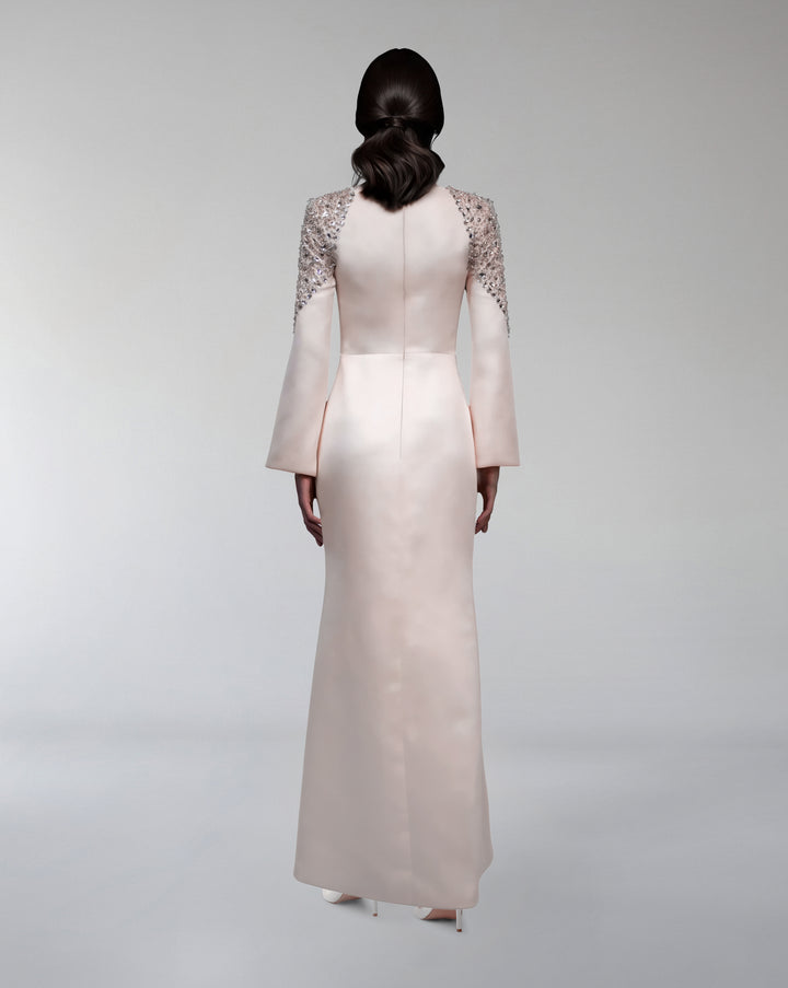 satin gown with sequin sleeves and bow neckline – AMELISE