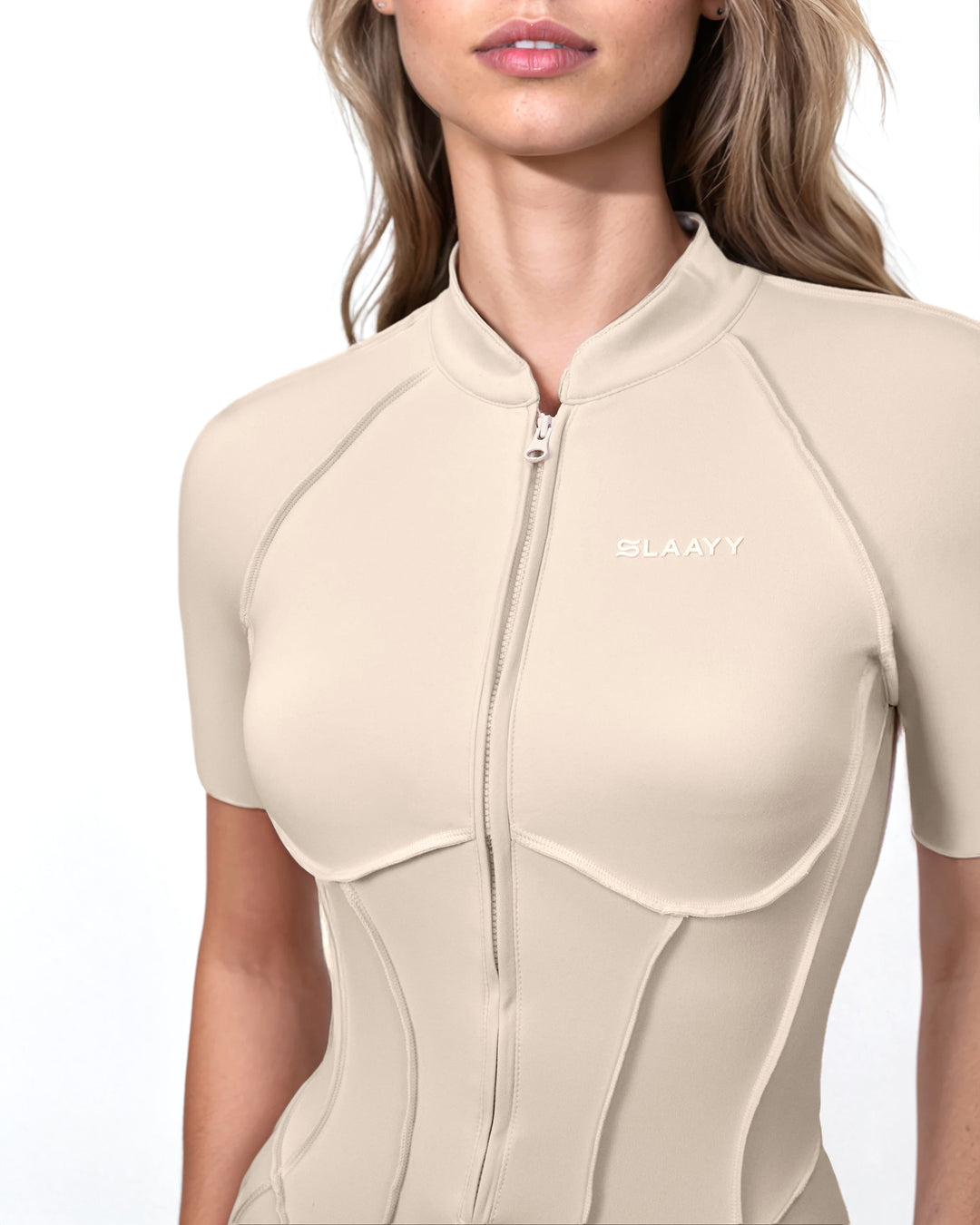 zip-front contour biker jumpsuit – SAND