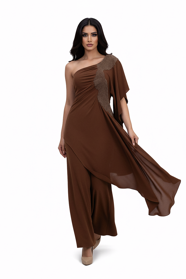 one-shoulder draped gown with embellished panel – ALIYAA