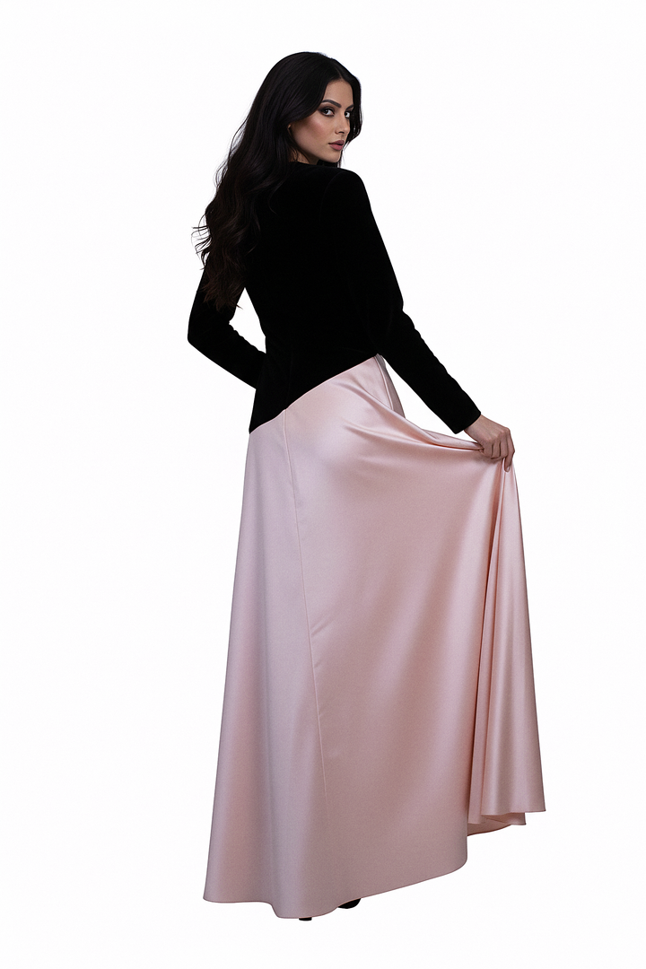 velvet and satin color-block gown with long sleeves – SALIEN