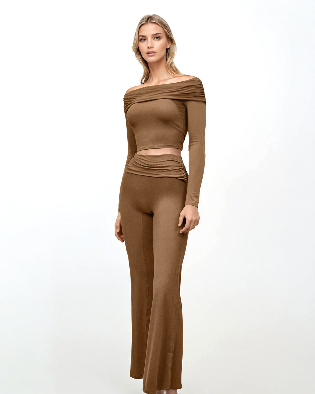 Plissiertes Oberteil mit ausgestellten Ärmeln und Maxirock-Set mit Taillengürtel – Rosiny 