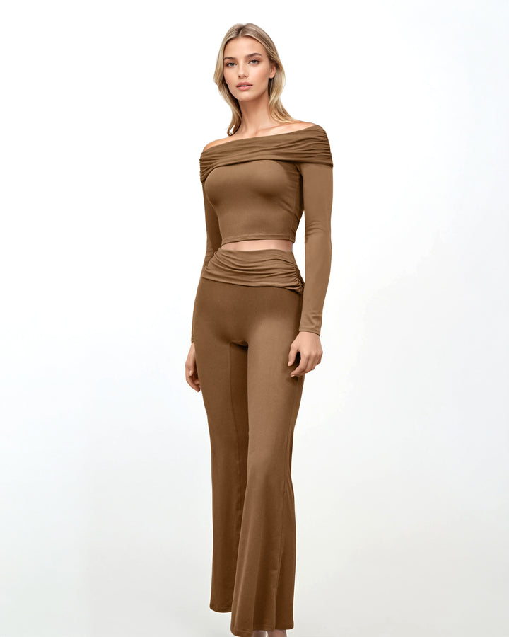 Plissiertes Oberteil mit ausgestellten Ärmeln und Maxirock-Set mit Taillengürtel – Rosiny 