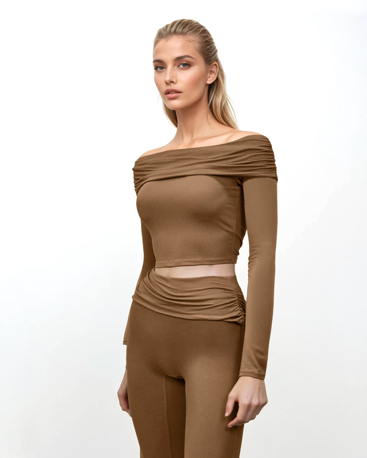 Plissiertes Oberteil mit ausgestellten Ärmeln und Maxirock-Set mit Taillengürtel – Rosiny 