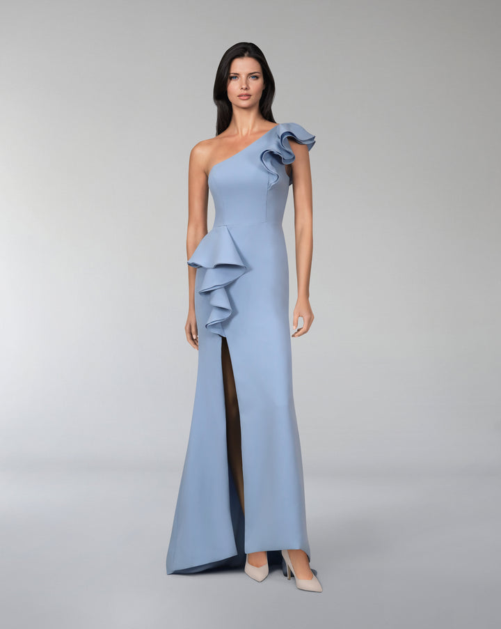 Shoulder off ruffle dress with slit - LOMAL