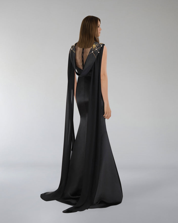 Sleeveless dress with beaded shoulder band and capes - LORAAH