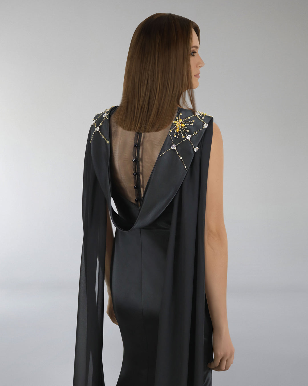 Sleeveless dress with beaded shoulder band and capes - LORAAH