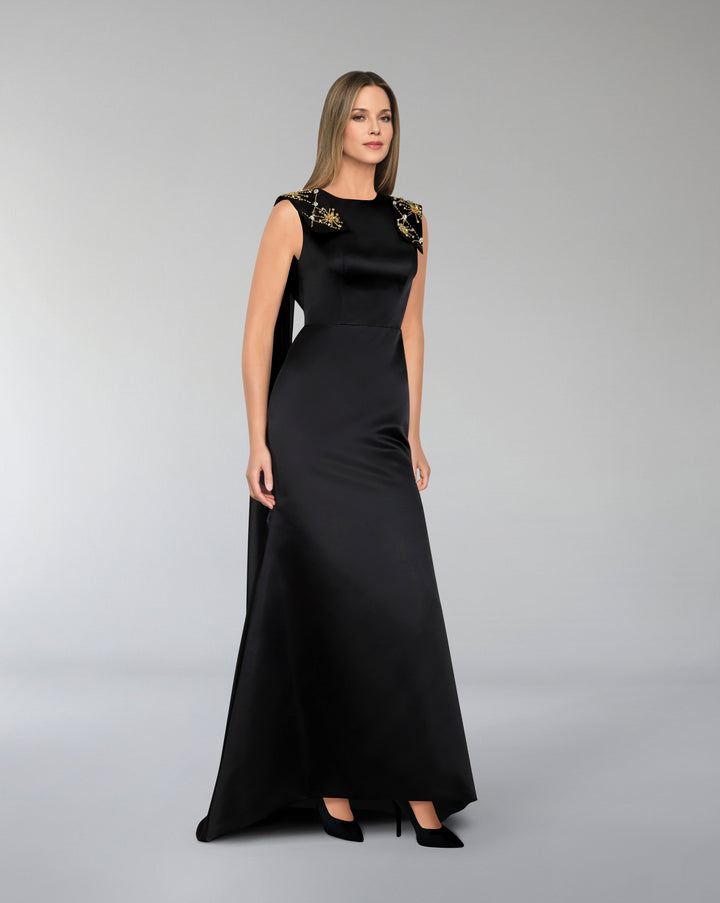 Sleeveless dress with beaded shoulder band and capes - LORAAH