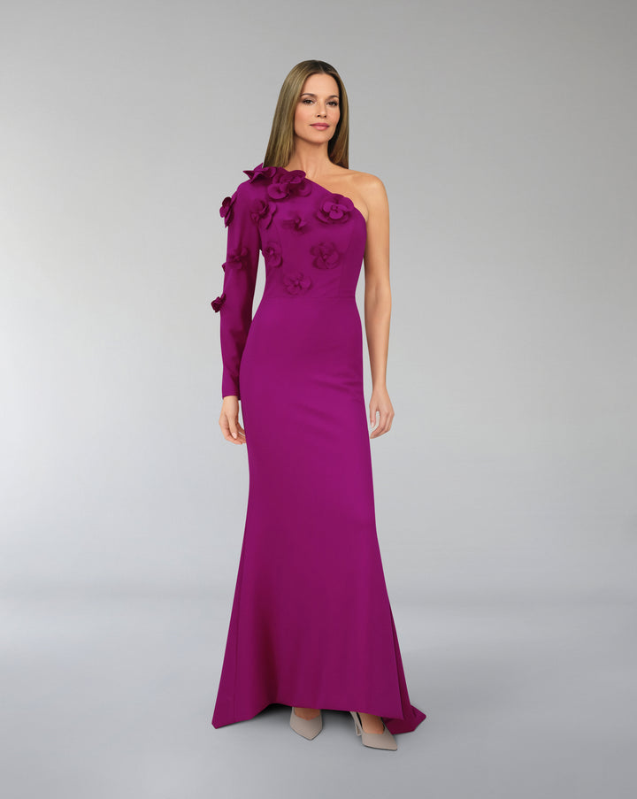 Shoulder off column dress with long sleeves and 3D Flowers - ZMARAK