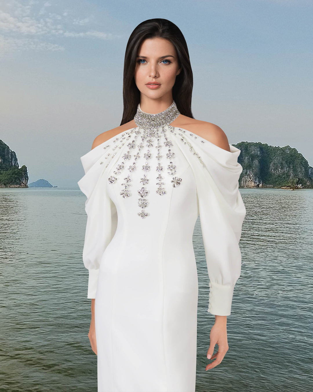 shoulder-off dress with draped sleeves and beaded collar ODD-Zosia