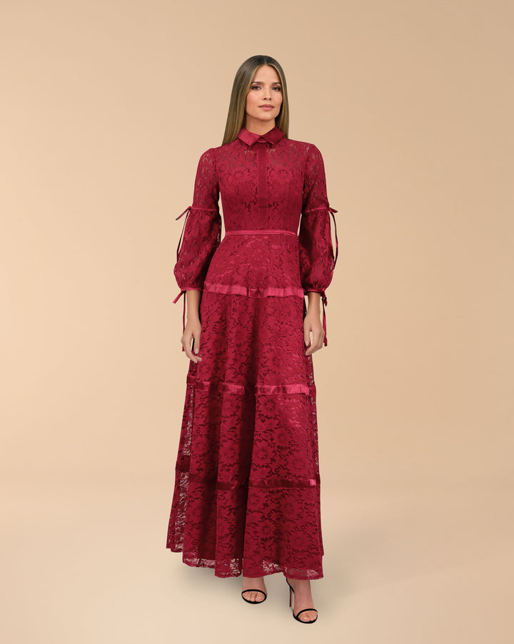 Lace dress with satin strips - THURAYYA