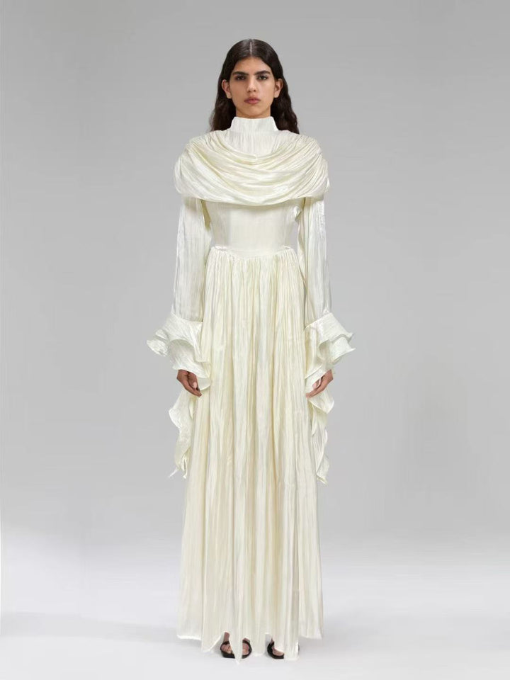 draped satin midi dress with ruffled sleeves – ROSALINE