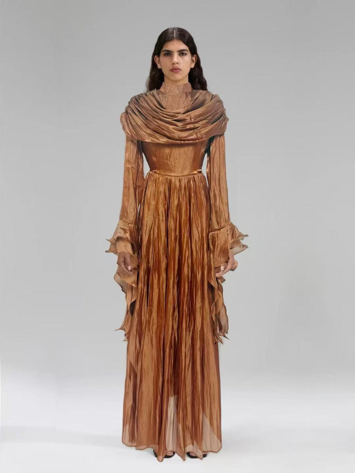 draped satin midi dress with ruffled sleeves – ROSALINE