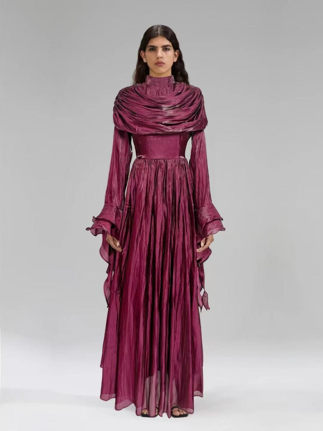 draped satin midi dress with ruffled sleeves – ROSALINE