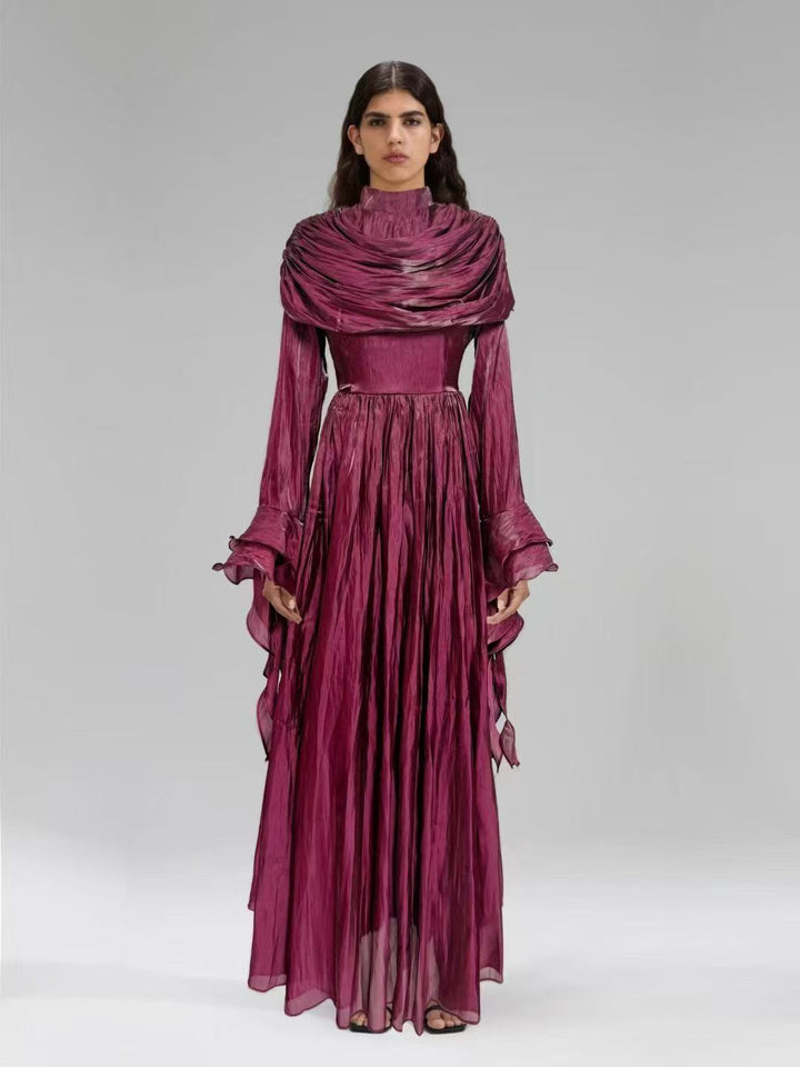 draped satin midi dress with ruffled sleeves – ROSALINE