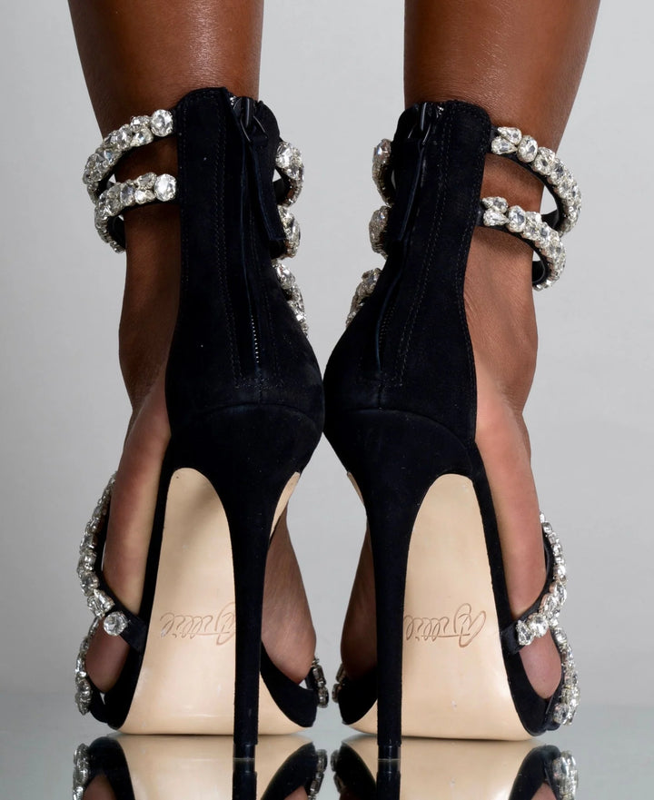 crystal-embellished spiral strap stiletto heels – SERAPHINA