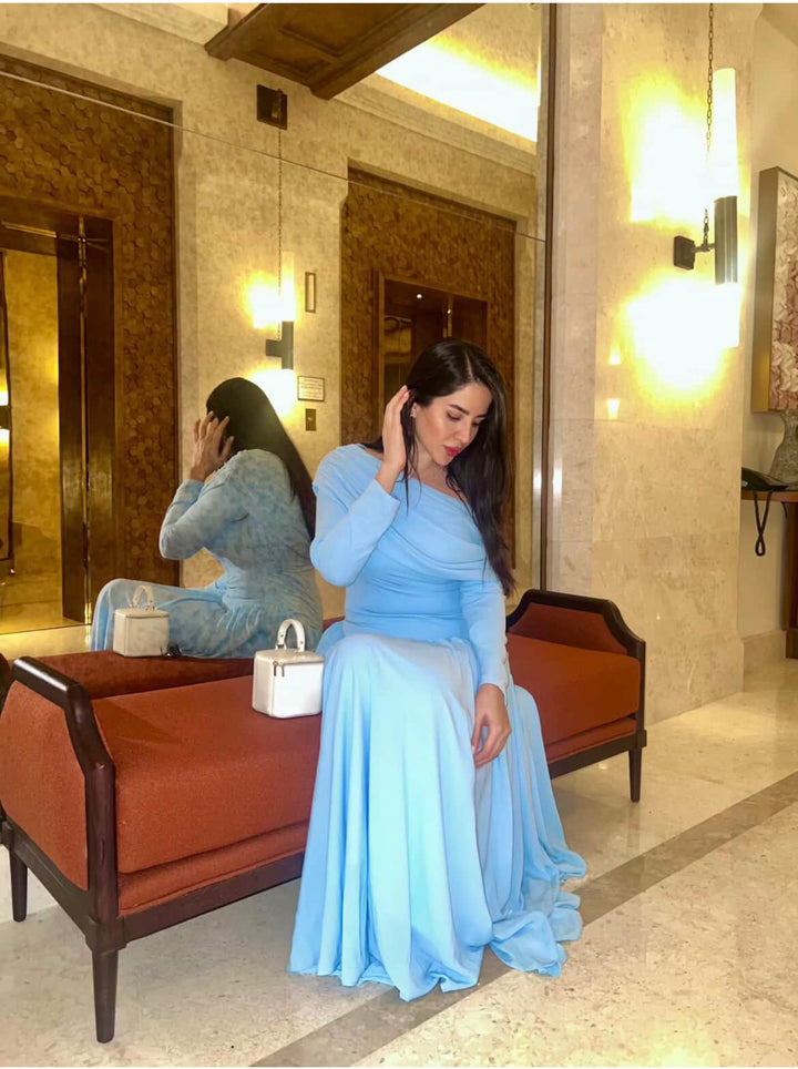 off-shoulder draped jersey gown – ARIA