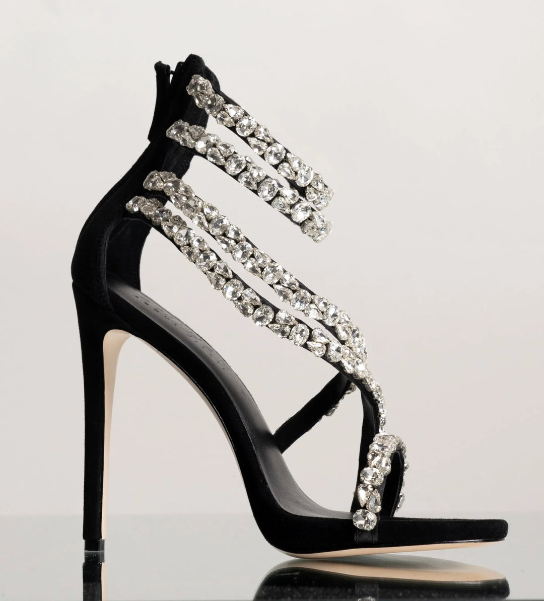 crystal-embellished spiral strap stiletto heels – SERAPHINA