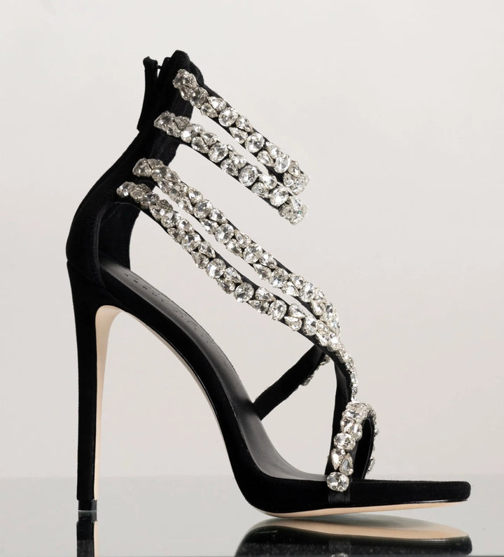 crystal-embellished spiral strap stiletto heels – SERAPHINA