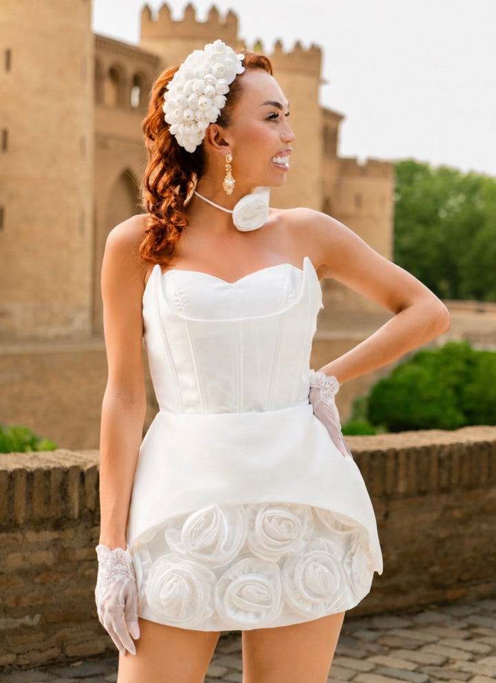 STRAPLESS CORSET MINI DRESS WITH 3D ROSE SKIRT - LILAC