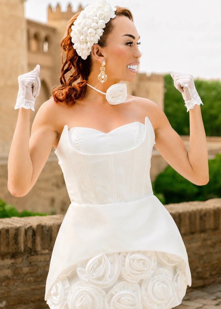 STRAPLESS CORSET MINI DRESS WITH 3D ROSE SKIRT - LILAC