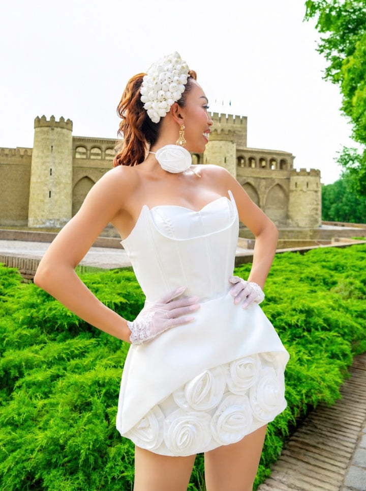 STRAPLESS CORSET MINI DRESS WITH 3D ROSE SKIRT - LILAC