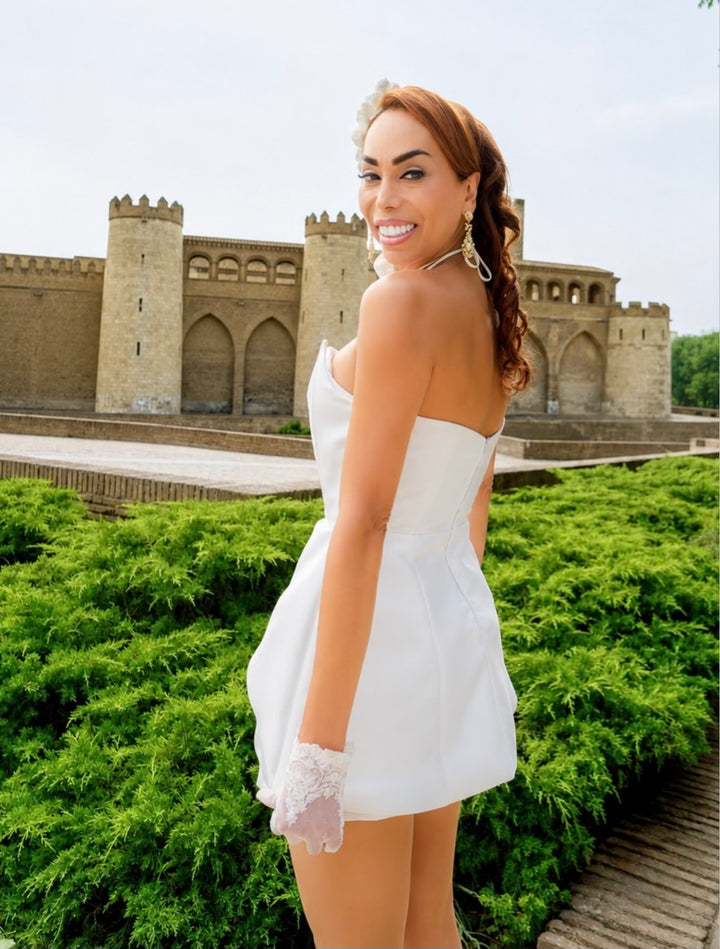 STRAPLESS CORSET MINI DRESS WITH 3D ROSE SKIRT - LILAC